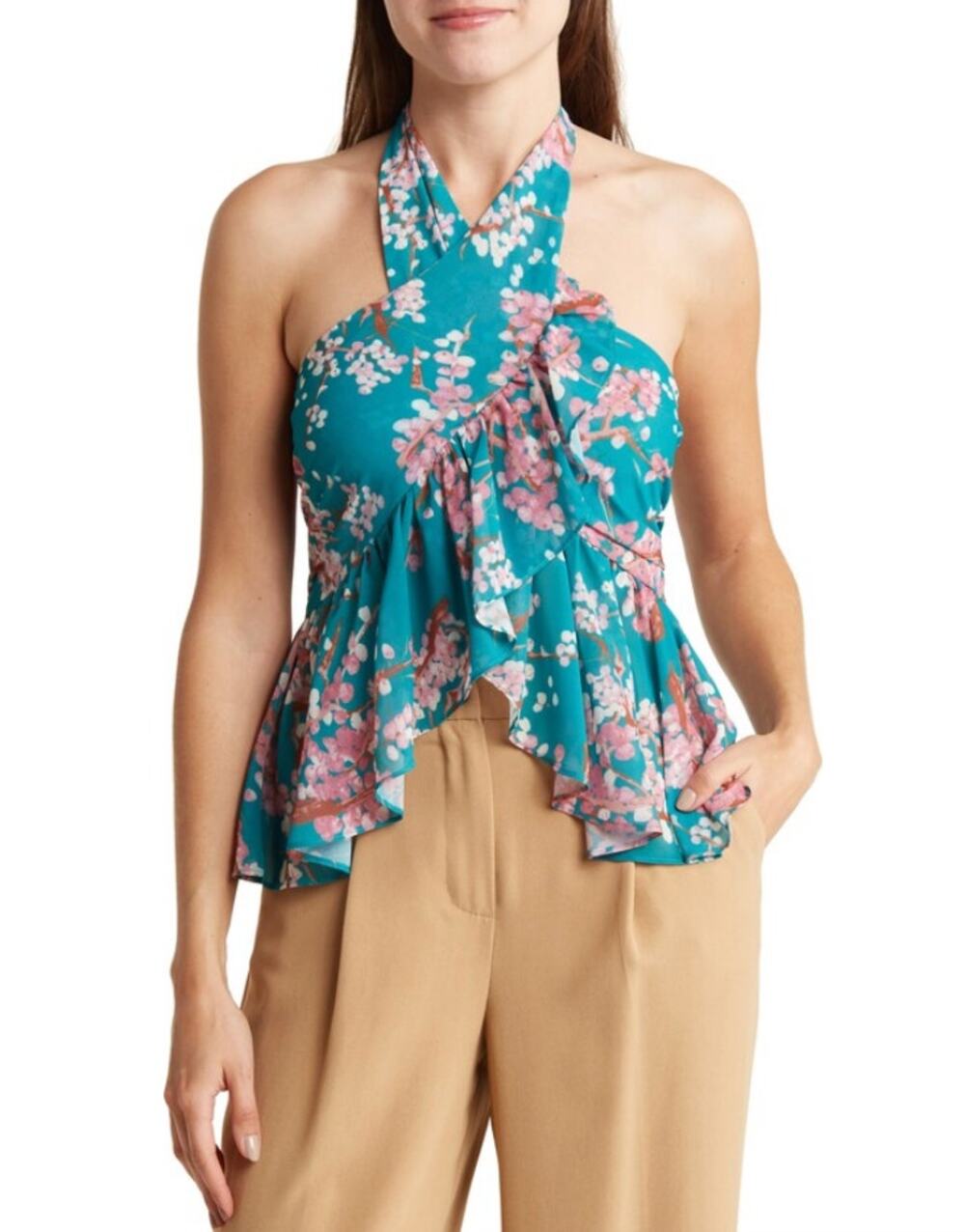 Lush Floral Ruffle Halter Top In Pink Teal Floral Size S Tank Sleeveless Summer